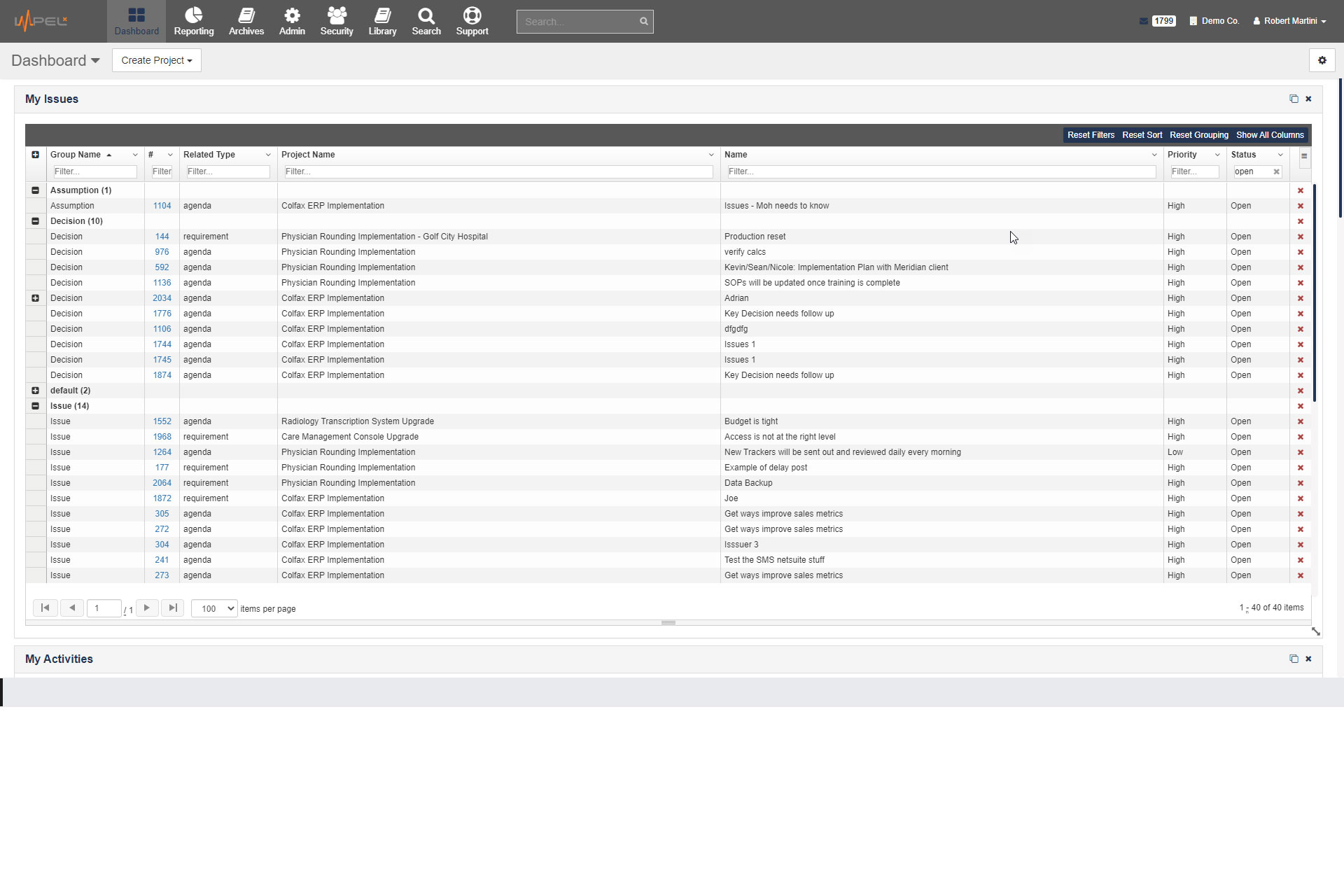 Interactive Issues log across projects